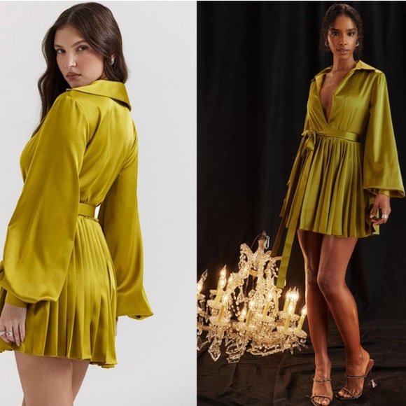 HOUSE OF CB 'Allegra' Chartreuse Pleated Shirt Dress NWOT - Picture 1 of 7